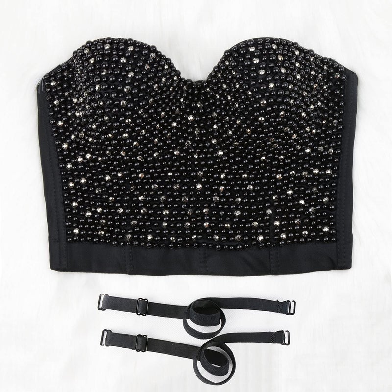 ELLACCI Women's Diamond Pearls Beaded Rhinestone Bustier Crop Top Corset Tube Top Black Small - Image 3